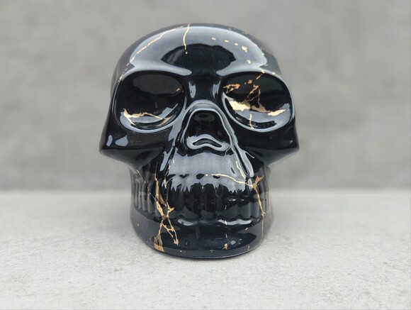 Halloween Other - NWT Black & Gold Skull Halloween Decor Glossy Ceramic Gothic Skull Figurine